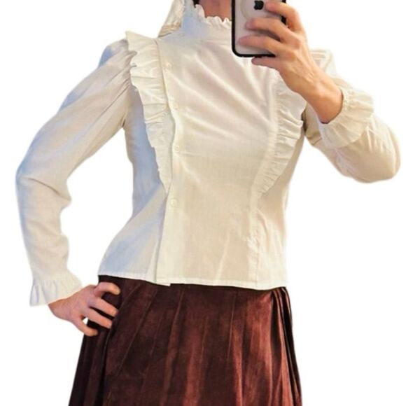 Vintage Tops - Vintage 70s Prairie Victorian Ruffles Puff Sleeve High Neck Bib Cottagecore M